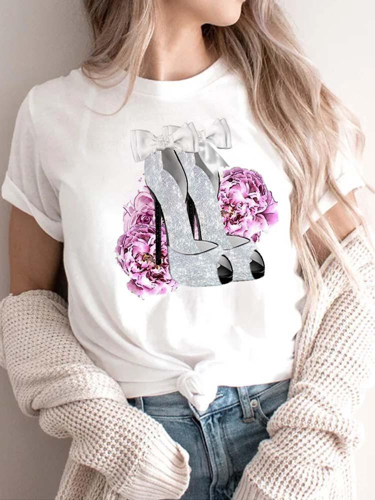 Modisches bedrucktes High-Heel-T-Shirt für Damen Modisches weißes Kurzarm-T-Shirt mit Schleifendesign Lässiges Home-Top für Mädchen