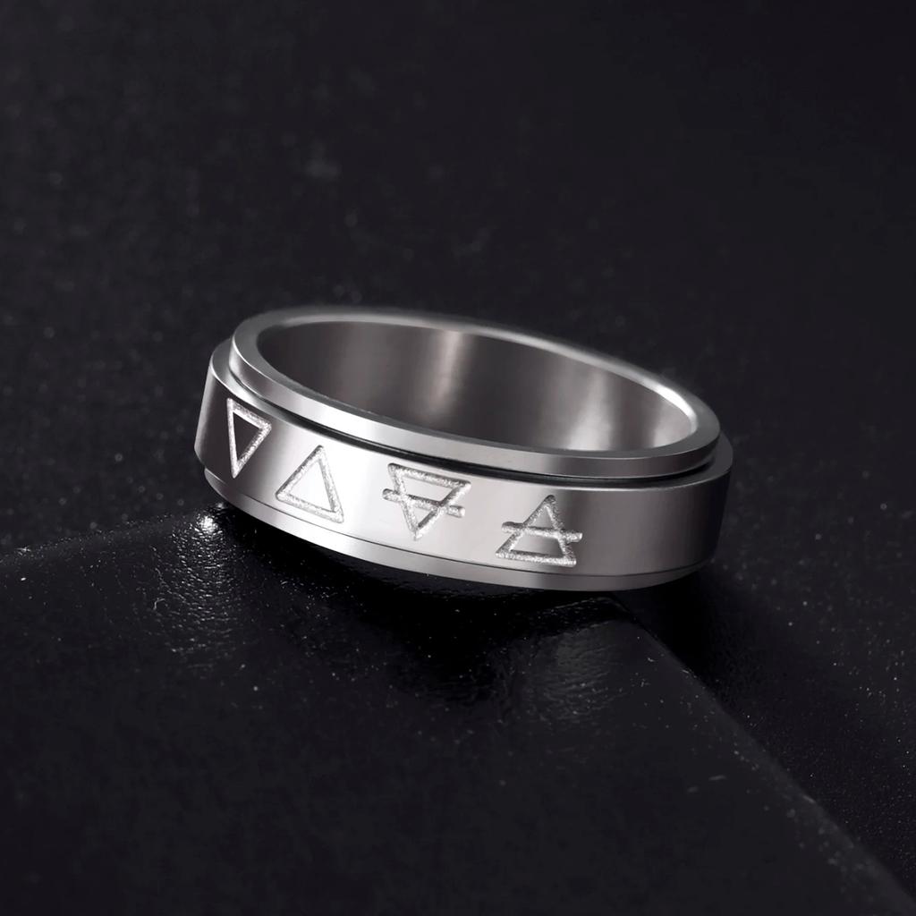 Lemegeton Alchemy Symbol Rotating Ring Earth Air Water Fire Stainless Steel Ring Vintage Jewelry Men's and Women's Party Gift
