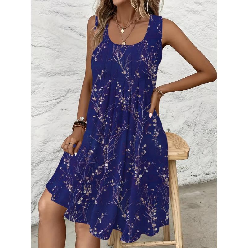 [Printed Dress - Not Faux Denim Fabric]Elegant Spring And Summer New Floral Print Faux Denim
