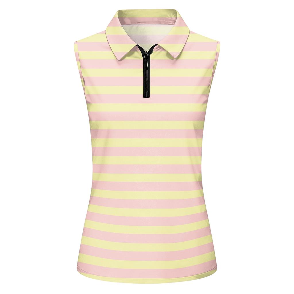 Women Sleeveless Golf Polo Shirt Zip Collar Striped Print Athletic Tank Top for Outdoor Sports Casual Wear