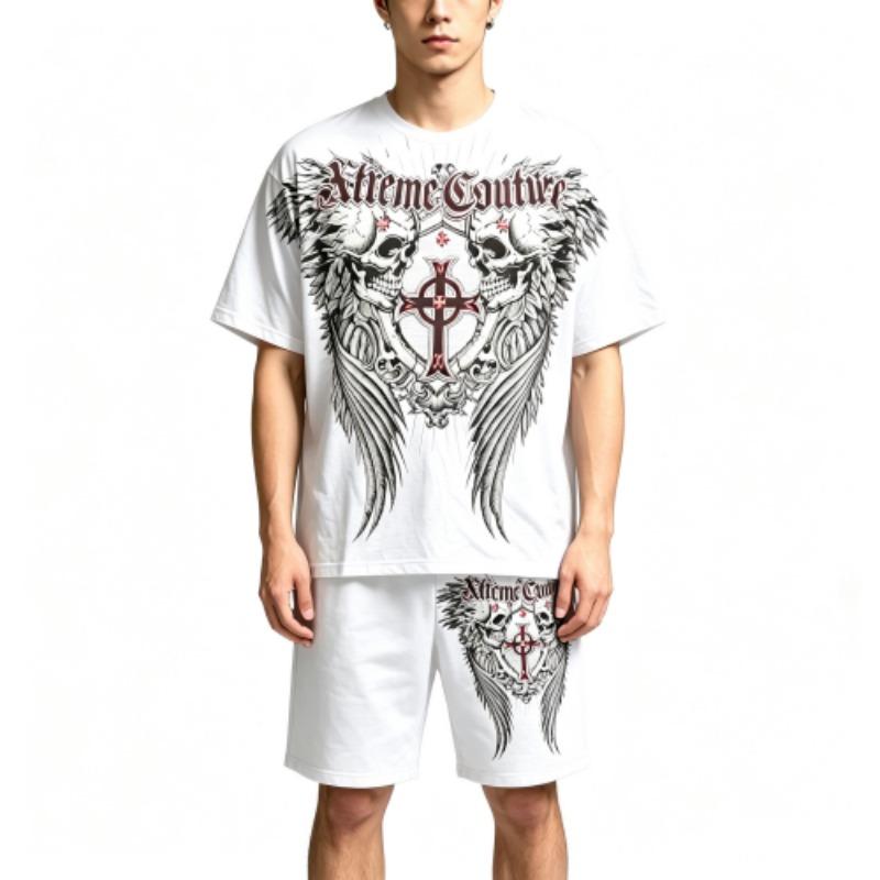 Summer Fashion Casual Retro Skull Angel Wing Printed Round Neck Short Sleeved T-Shirt And Shorts Set Men's and Women's T-shirt Shorts Set
