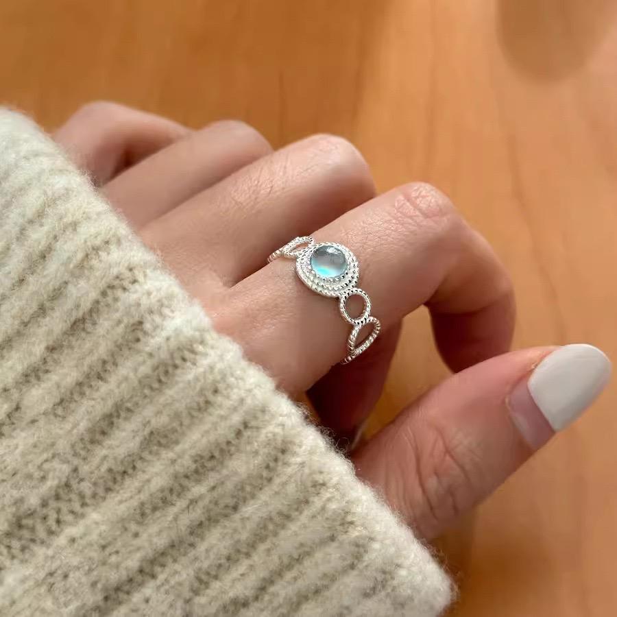 925 Sterling Silver Rings for Women Couple Minimalist Handmade Simple Blue Stone Ring Fine Jewelry Gift Prevent Allergy