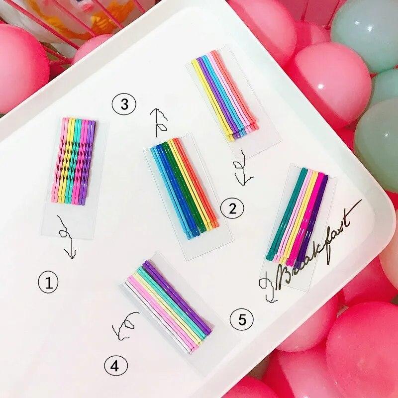 10pcs/12pcs/set with 5 Colors Ins Popular Rainbow Ice Cream Candy Color Metal Bangs Clips Hairpin Bobby Pin Barrette