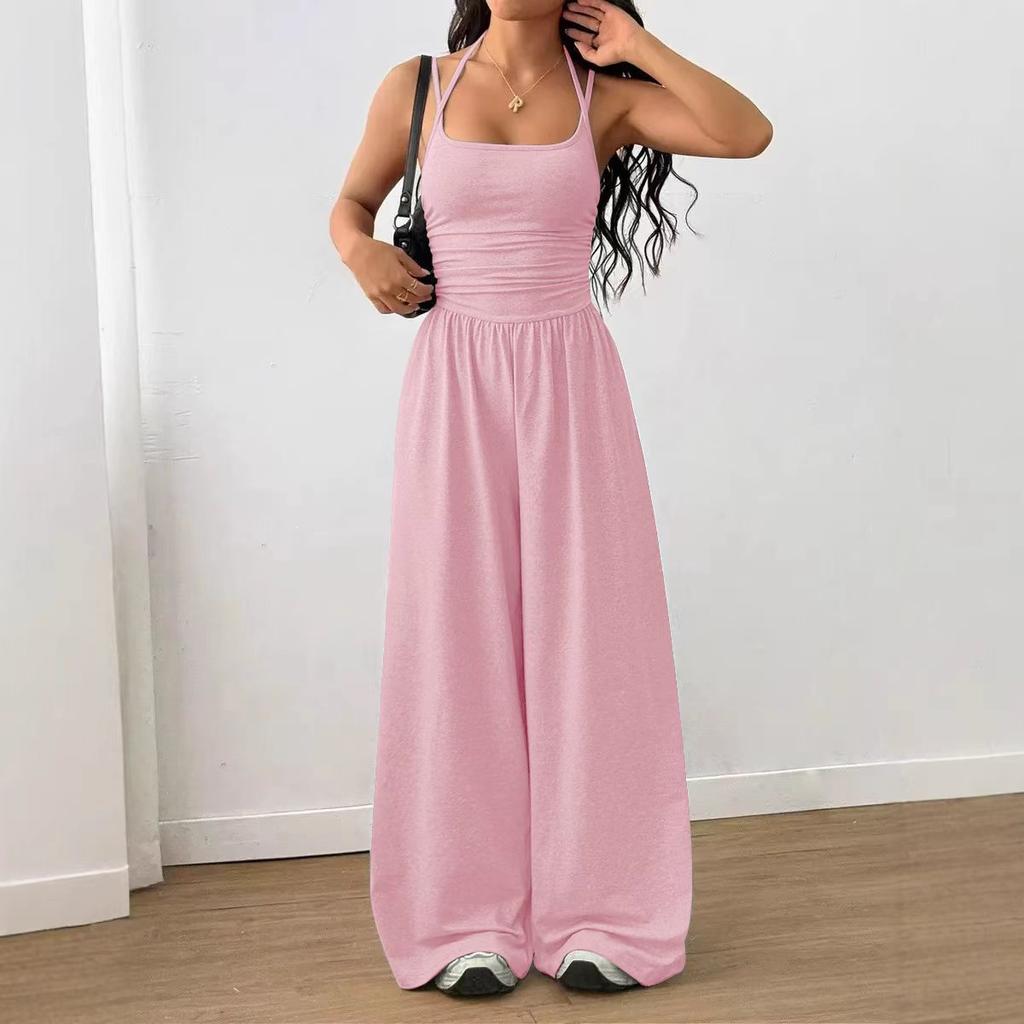 Women's Crisscross Spaghetti Strap Square Neck Ruched High Waist Wide Leg Long Jumpsuit Casual Summer Romper