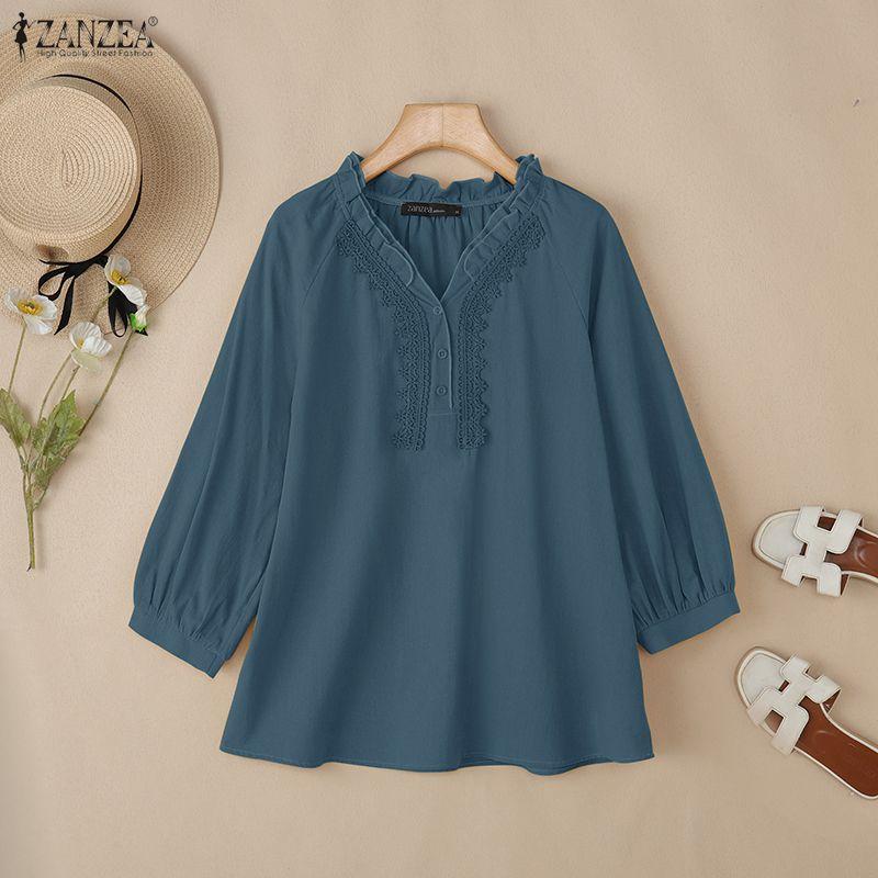 ZANZEA Women Lace Crochet Patchwork V-Neck Casual Long Sleeve Blouse