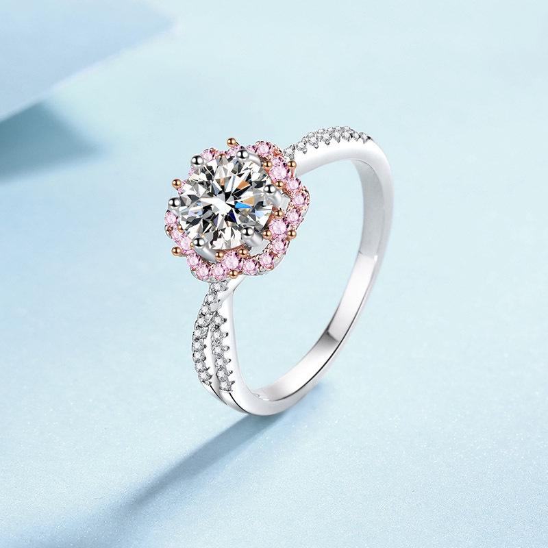 Bague Moissanite Fleur de Cerisier - Argent Sterling S925, Collection Printemps/Été, Design Exquis Français