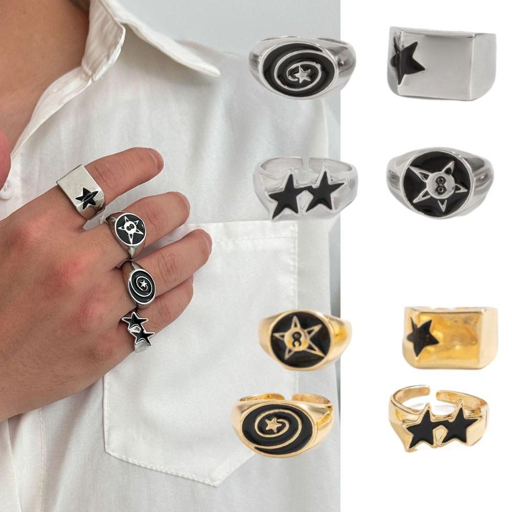 4pcs Bold Design Geometric Open End Rings Irregular Design Punk Couple Rings  Hiphop Style