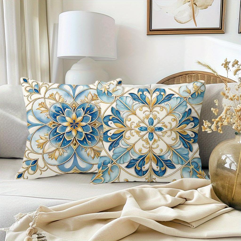 1/4pcs Bohemian Blue Gold Floral Tile Throw Pillow Covers Vintage Mediterranean Style Cushion Cases for Home Sofa Bedroom Decor