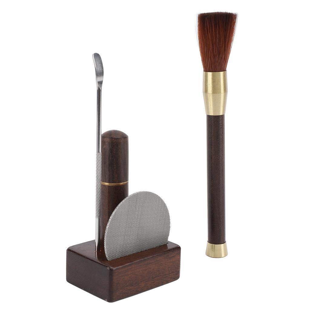 Coffee Powder Distributor Kit Stainless Steel Needle Wood Handle Brush Coffee Stirring Tool with Storage Base