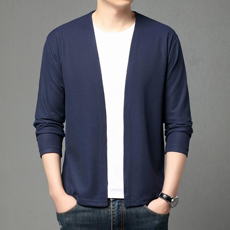 Men's Casual Waffle Knit Cardigan - Spring & Autumn Solid Color Breathable Jacket