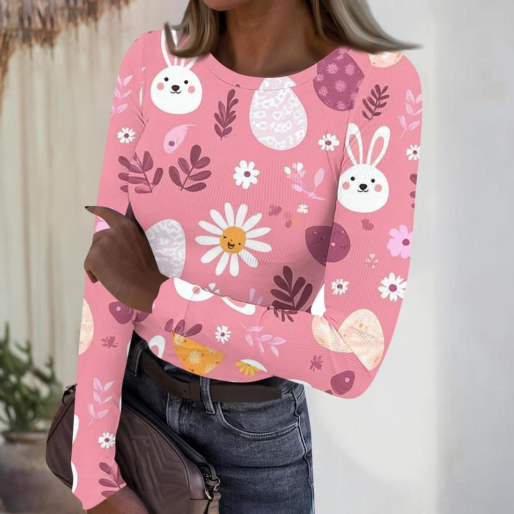 Women's Casual Fashion Round Neck Easter Print Long Sleeve Strip Top