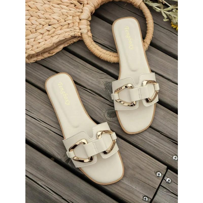 Women Metal Decor Single Flat Sandals Fashion Sexy Open Toe Outdoors Slides Luxurious Office Ladies Party Shoes