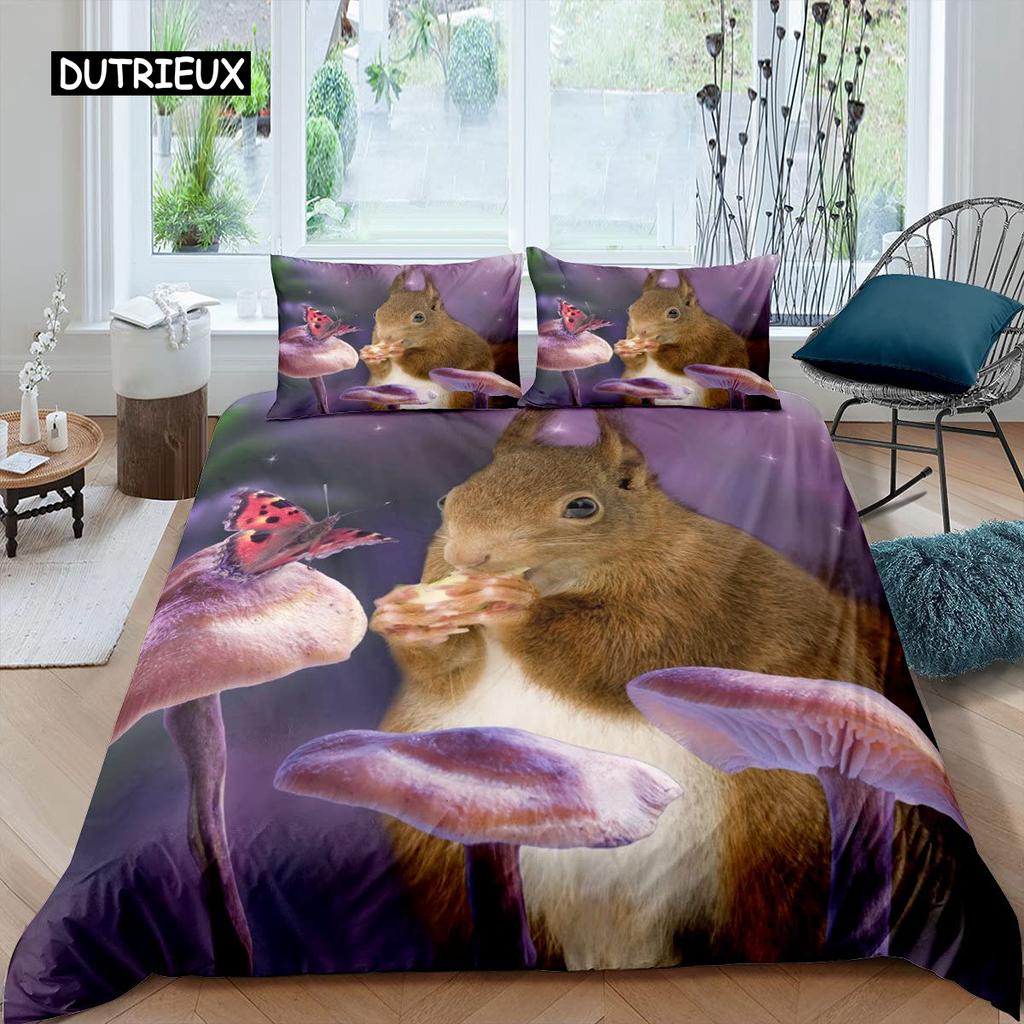 Eichhörnchen-Bettbezug-Set, süßes Eichhörnchen-Bettwäsche-Set für Einzelbetten, 3D-Tier-Bettbezug, Naturthema, Kingsize-Bettbezug aus Polyester