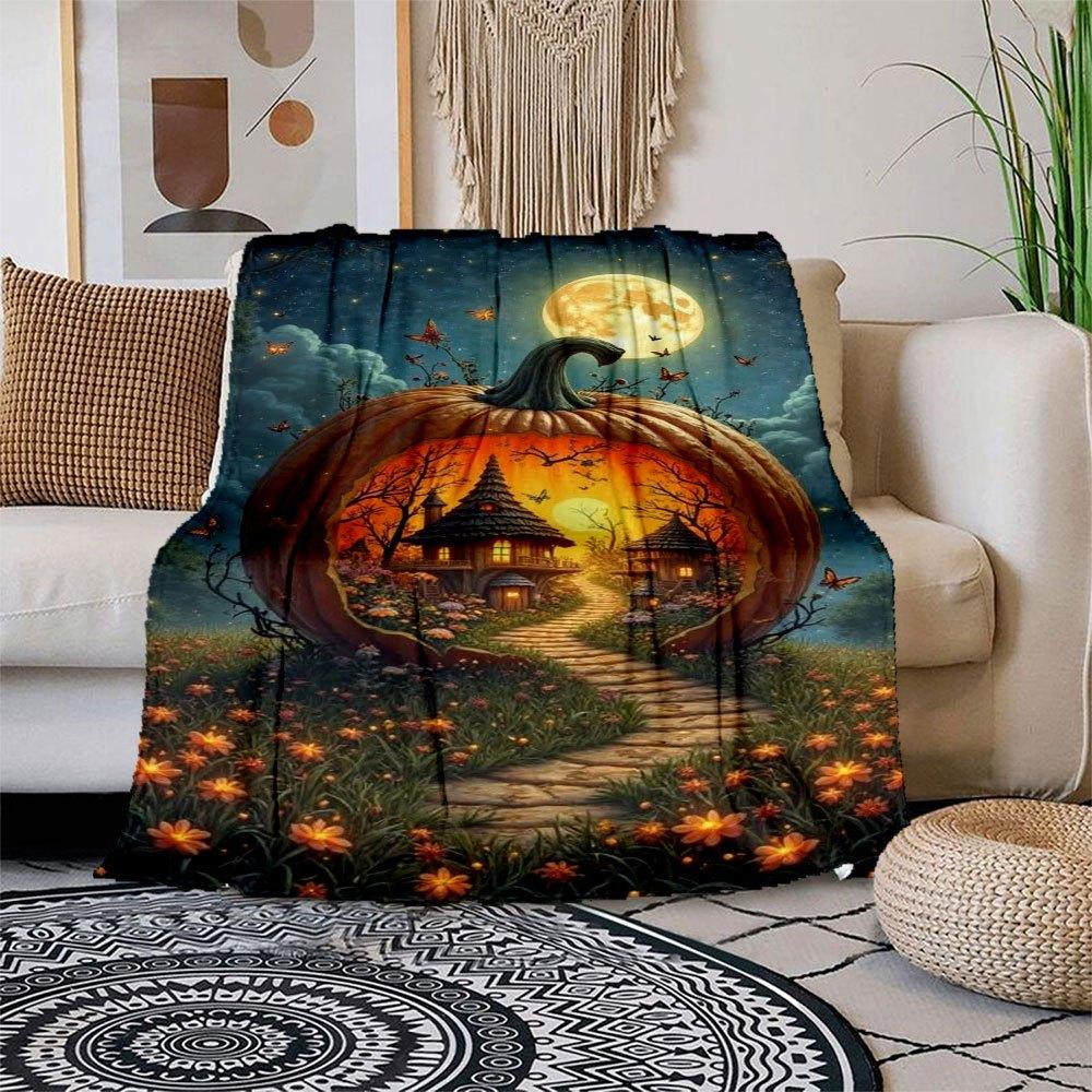 Halloween Pumpkin House with Full Moon Blanket Flannel Throw Blanket for Sofa, Bed, Travel, Camping, Office 100x150cm