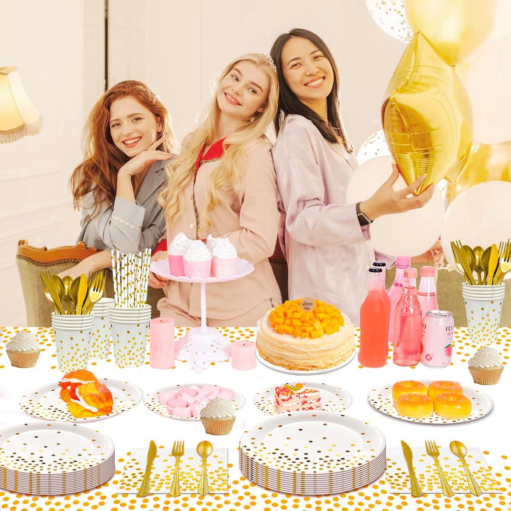 White Gold Party Supplies Decorations,129Pcs Paper Plates Party Supplies-White Gold Party Paper Plates Cups Tablecloth&Gold Dot Napkins for Graduation