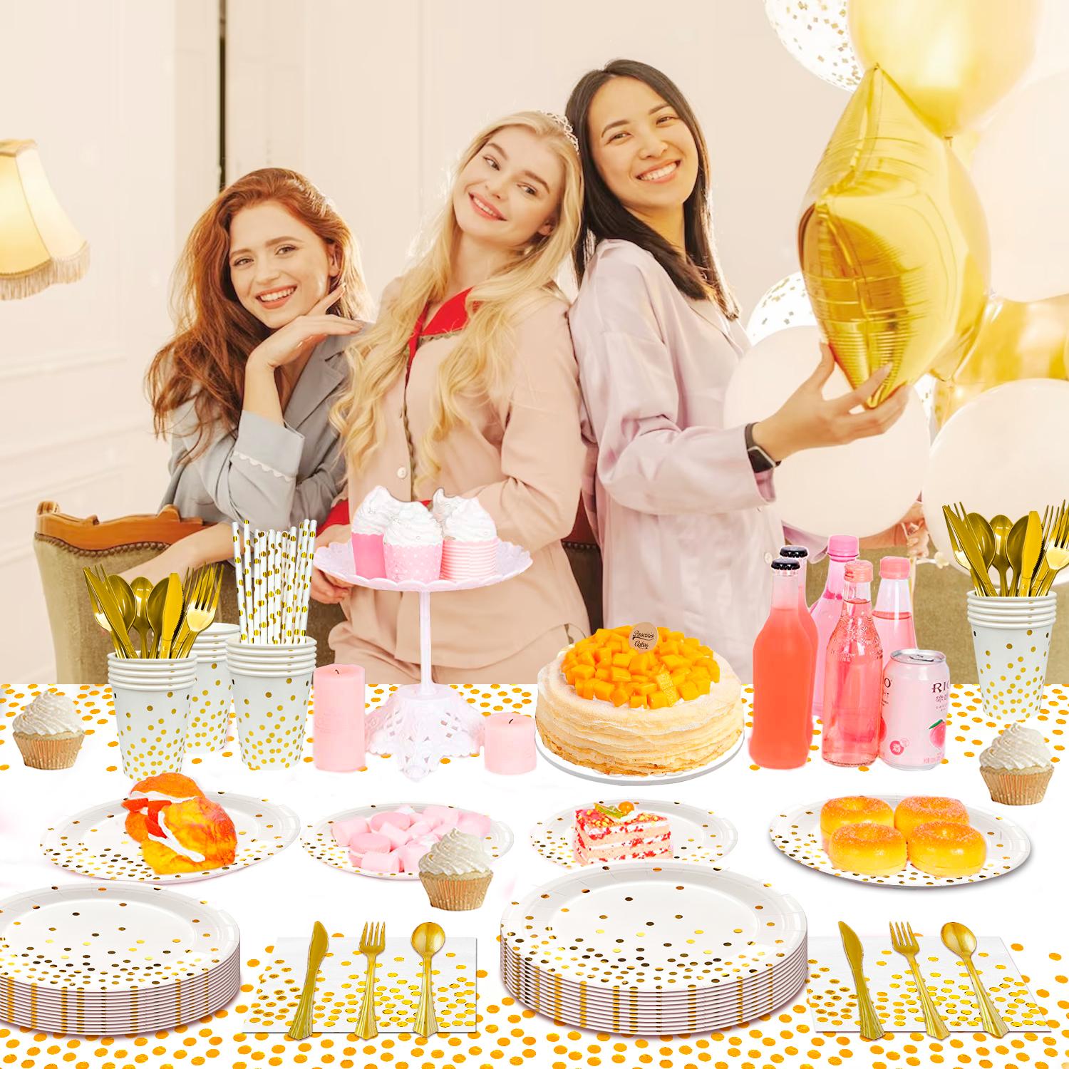 

White Gold Party Supplies Decorations,129Pcs Paper Plates Party Supplies-White Gold Party Paper Plates Cups Tablecloth&Gold Dot Napkins for Graduation as the picture білий