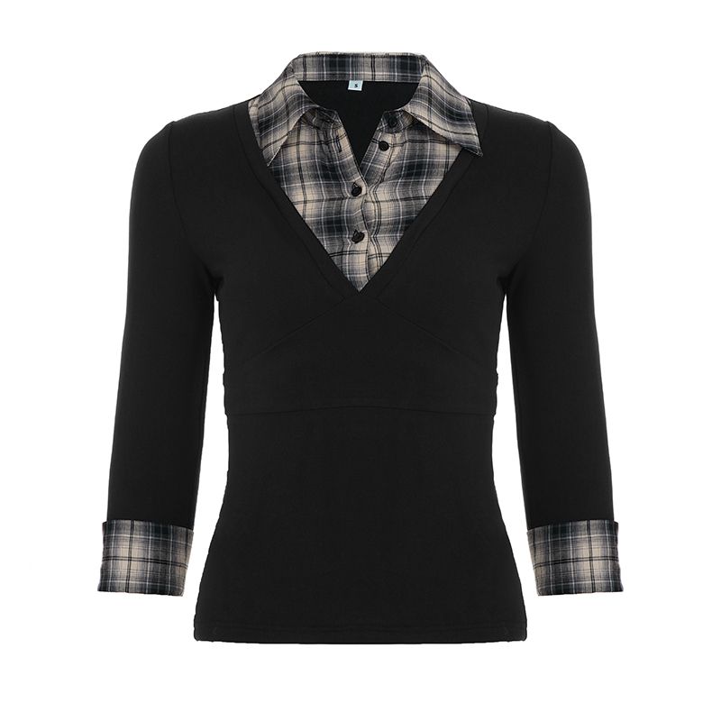 

H Home European and American Women s Clothing American Retro Plaid Patchwork Fake Two Pieces Shirts Female Silm Slim Looking Lapel Long Sleeve Top Black S