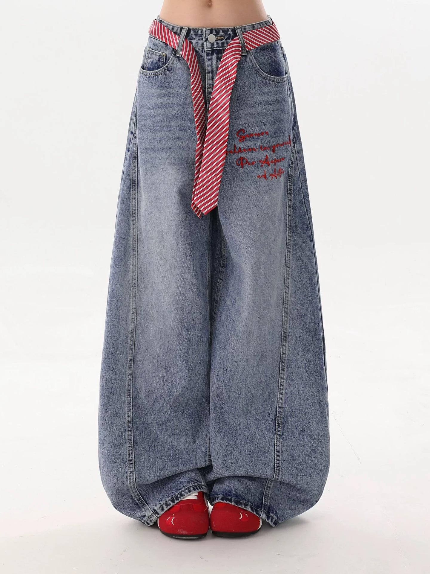 

Women s American Retro Embroidered Wide-Leg Tie-Up Jeans - Spring/Fall 2026 Collection Extra Large