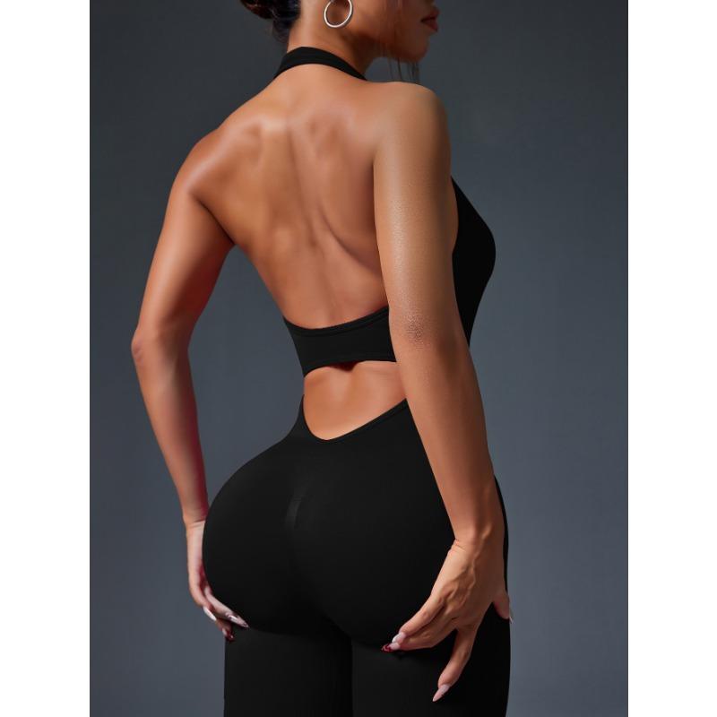 Summer Sexy Backless Halter Gym Jumpsuit Women's Fitness Suit Sports Overalls for Woman Tracksuit Yoga Clothing Elasticity Black Workout Sportswear