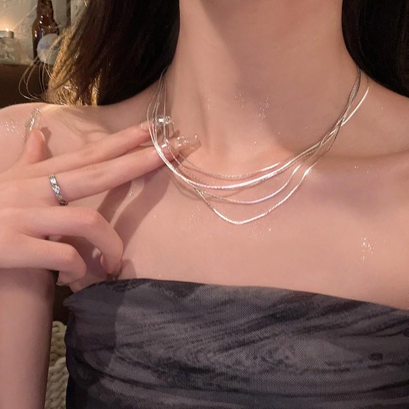 Multi-layer stacked snake bone necklace female high-end sense light luxury silver metal collarbone chain ins wind versatile explosion