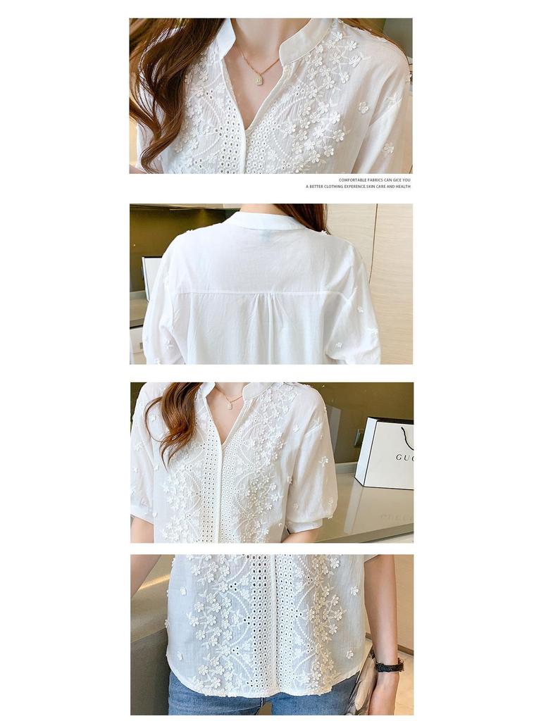 2026 Women's White V-Neck Embroidery Jacquard Lace Puff Sleeve Shirt