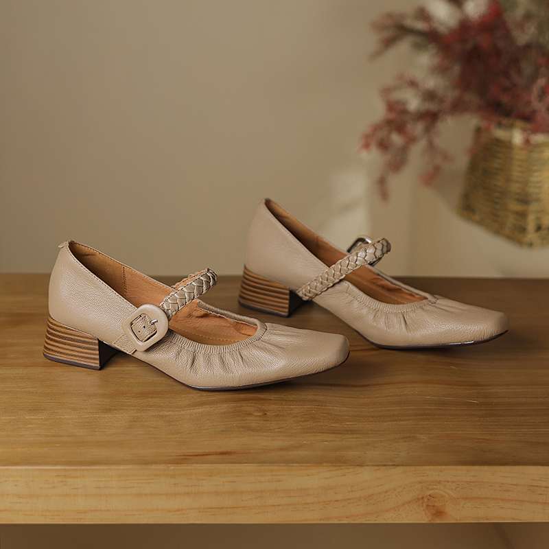 Krazing Pot Sheep Skin Summer Spring Autumn Med Heels Buckle Straps Women Square Toe Shallow Pumps