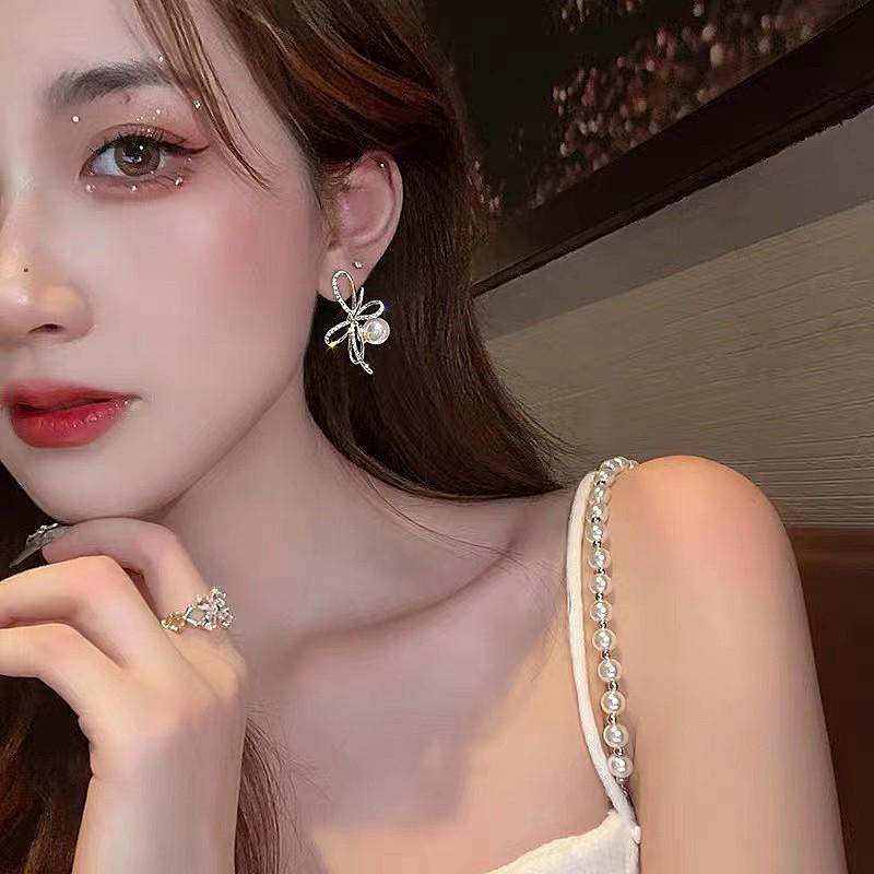 Korean Design Bow Pearl Earrings, S925 Silver Needles, with Rhinestone Inlays