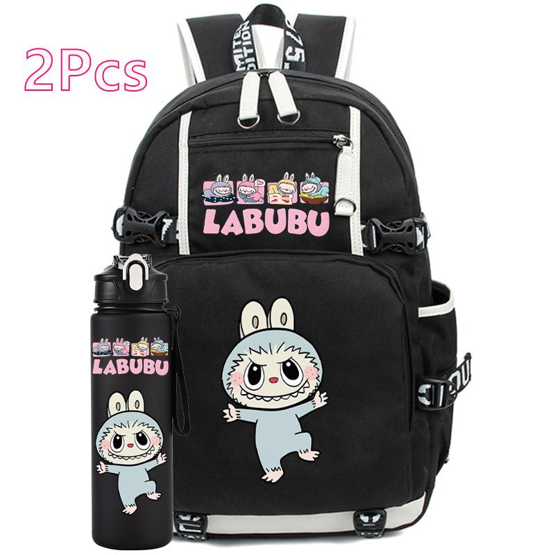 2Pcs/set Cartoon Printed Backpack with Water Bottle Student Boy Girl Large Capacity Schoolbag Women Travel Bag Kid Gift