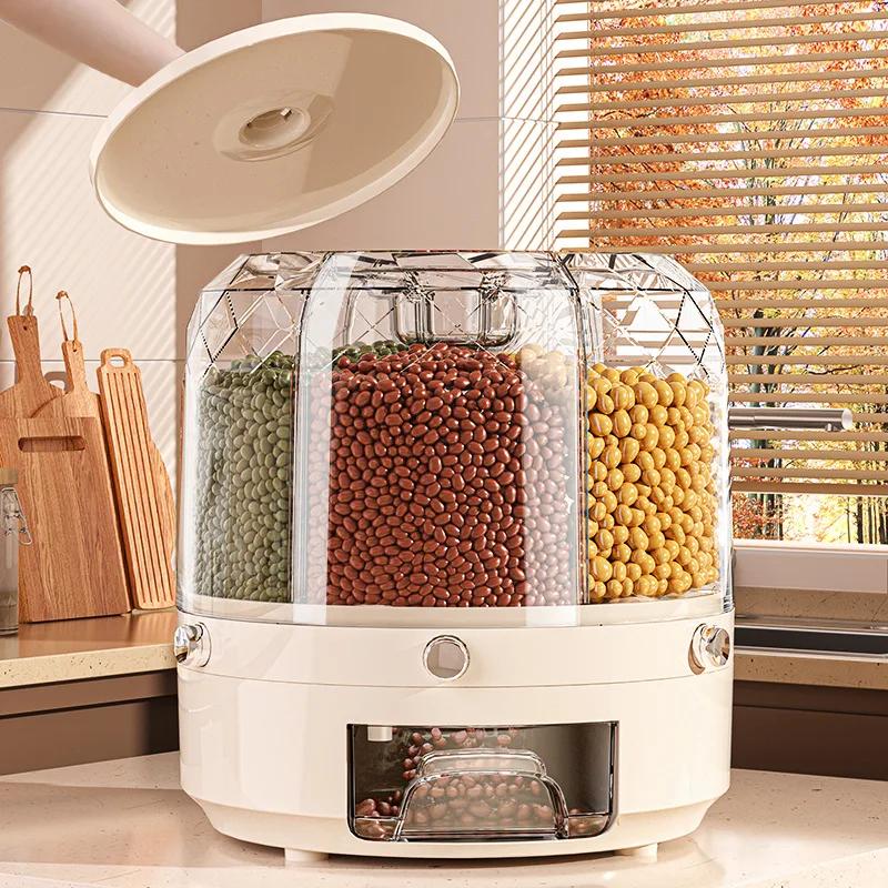 Rice Dispenser 360 Degree Rotating Sealed Dry Cereal Grain Bucket Dispenser Moisture-proof Kitchen Storage Box Food Container