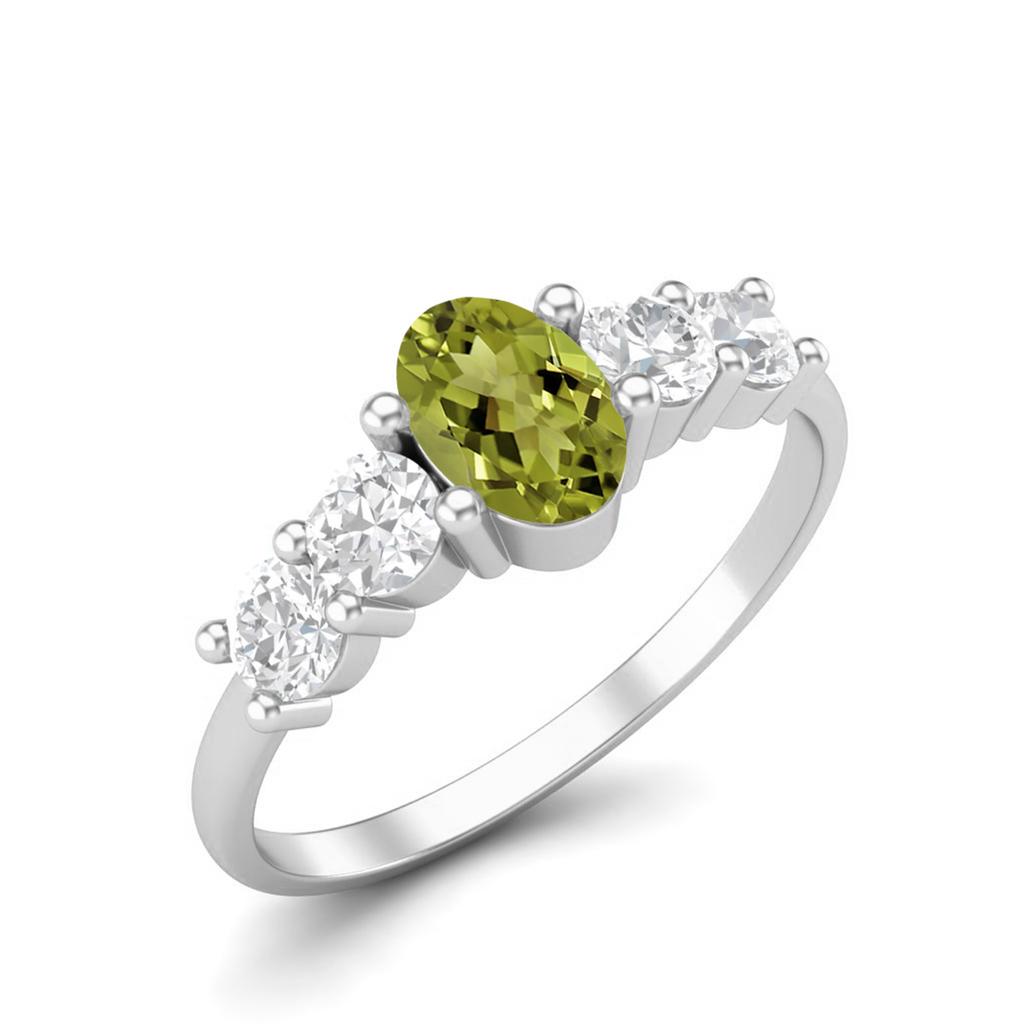 6X4mm Oval Peridot 925 Sterling Silver Five Stone Women Engagement Ring