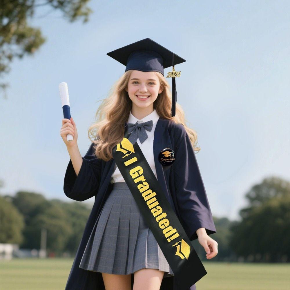 Graduation Outfit Polyester Graduation Cap Matte Finish Elastic Strap Bachelor Cap Black Graduation Sash Graduation Party