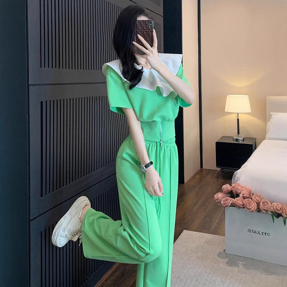 Fashionable Casual Sports Suit for Women Summer Sweet Temperament Short-sleeved Wide-leg Pants Two-piece Set