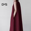 Women Summer Dress O Neck Loose A-line Sleeveless Solid Color Mid-calf Length Soft Breathable Casual Pockets Plus Size Lady Midi Dress