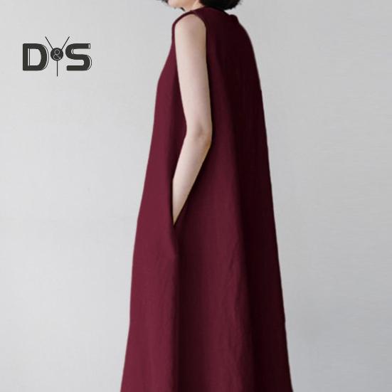 Women Summer Dress O Neck Loose A-line Sleeveless Solid Color Mid-calf Length Soft Breathable Casual Pockets Plus Size Lady Midi Dress