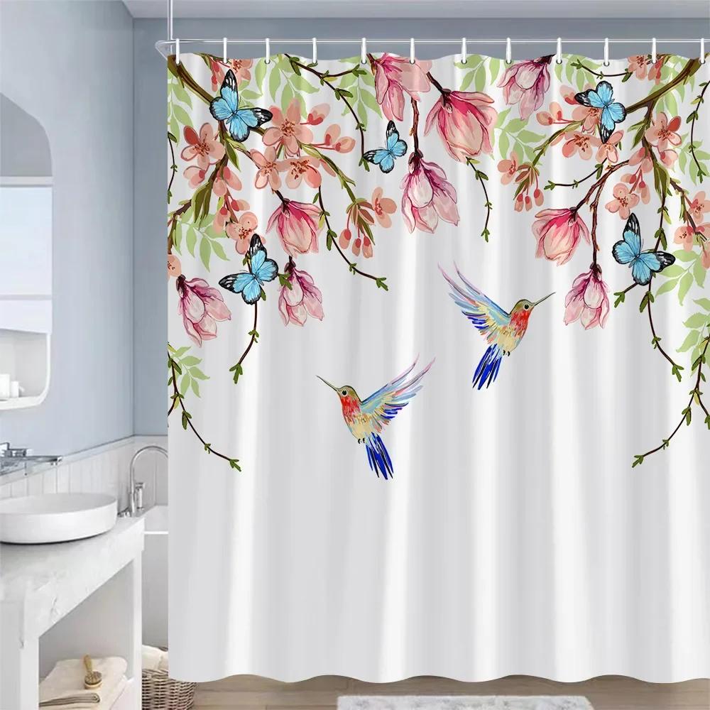 Spring Floral Hummingbird Shower Curtain for Bathroom Watercolor Flowers Birds Fabric Bath Curtains Modern Art Decor with Hook
