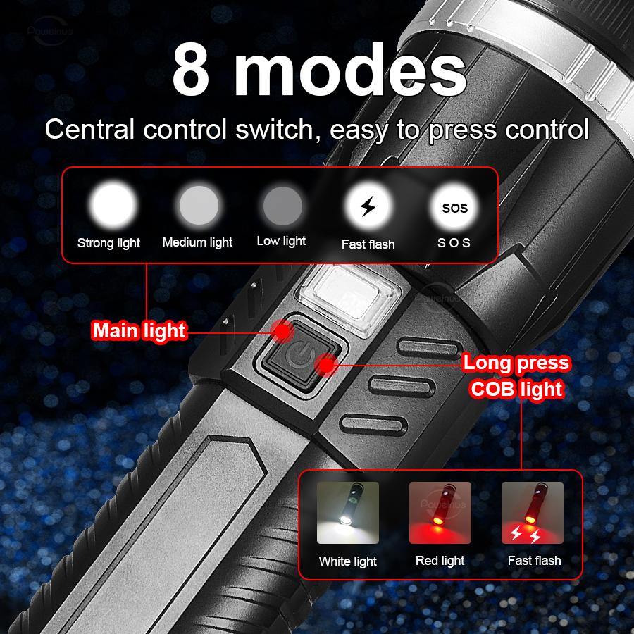 Powerful LED Flashlight Super Big Flashlight Rechargeable Most Strong Flashlight Long Range Torch Outdoor Built in 18611 Battery