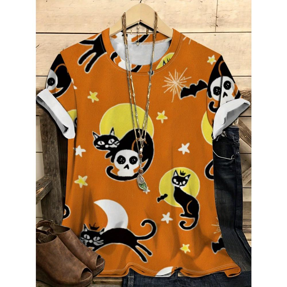 

Halloween Pumpkin and Cat Pattern 3D Digital Printing Women s Trendy Round Neck Short Sleeved T-shirt 6XL