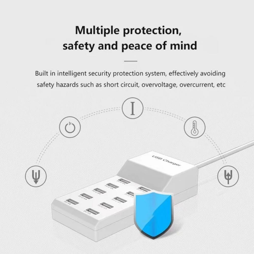 50W Multiport USB-Ladegerät Schnellladung Typ C Hub-Adapter für IPhone Samsung Xiaomi 10-Port USB-Handyladegerät Verlängerungssteckdose