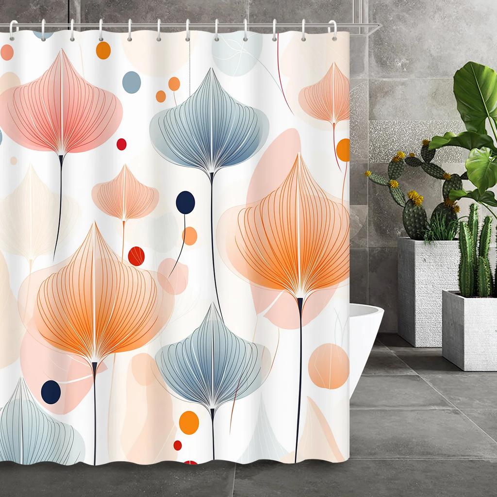 1pc Abstract Geometric Color Line Leaf Floral Printed Shower Curtain, Polyester Fabric with 12 Hooks, Bathroom Accessory