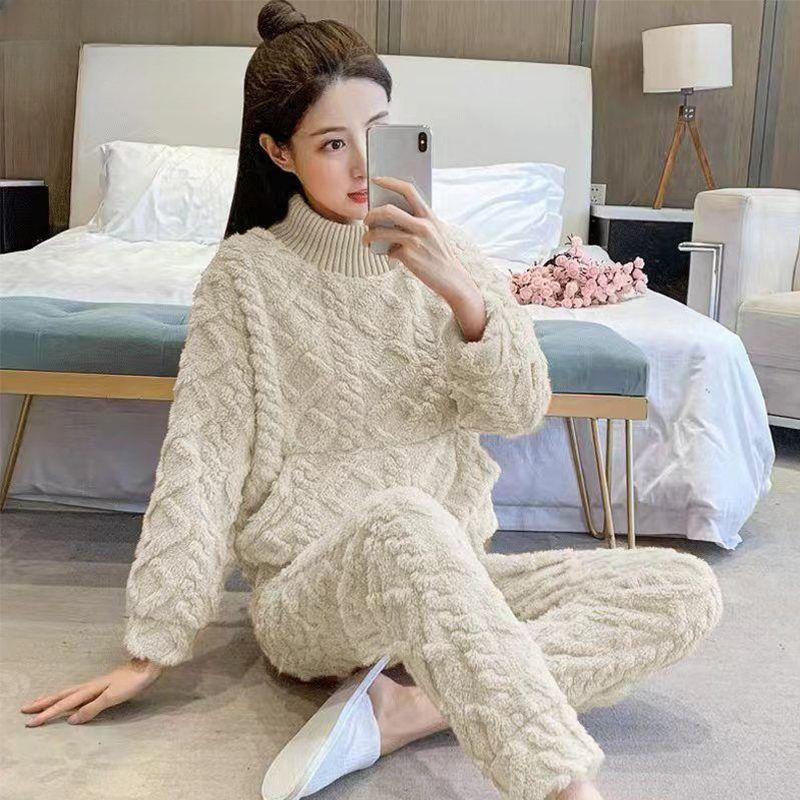 

Женский фланелевый пижамный комплект для дома, осень-зима, однотонный пуловер с длинными рукавами, комплект одежды для дома, свободный размер плюс M бежевый
