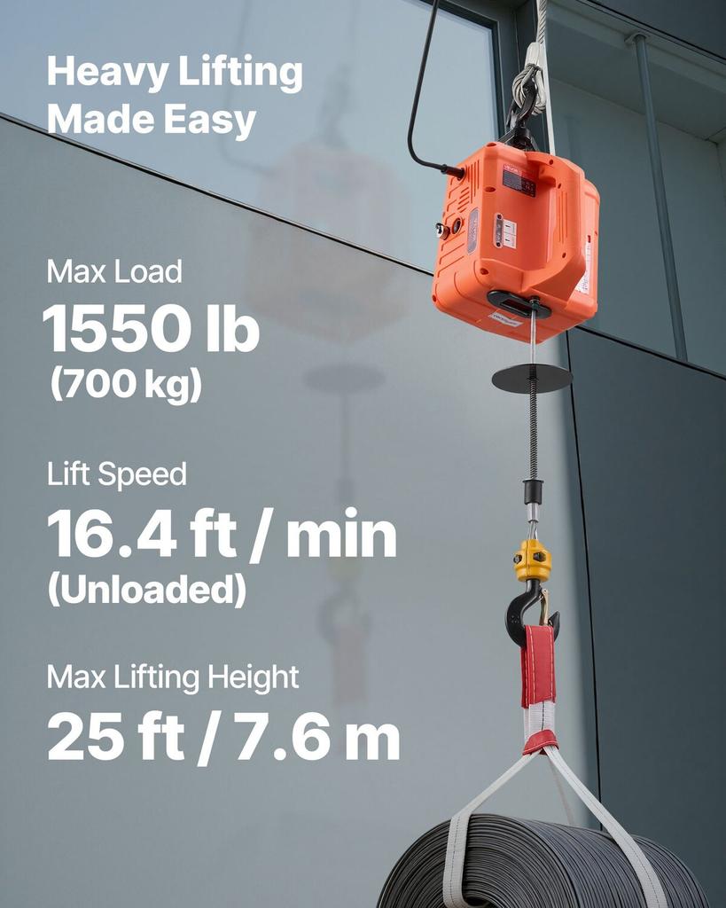 Wciągarka elektryczna 3 w 1, udźwig 700 kg, przenośna wyciągarka zasilana 1500W, wysokość podnoszenia 7,6 m, 5 m/min z instrukcją, pilotem przewodowym i bezprzewodowym