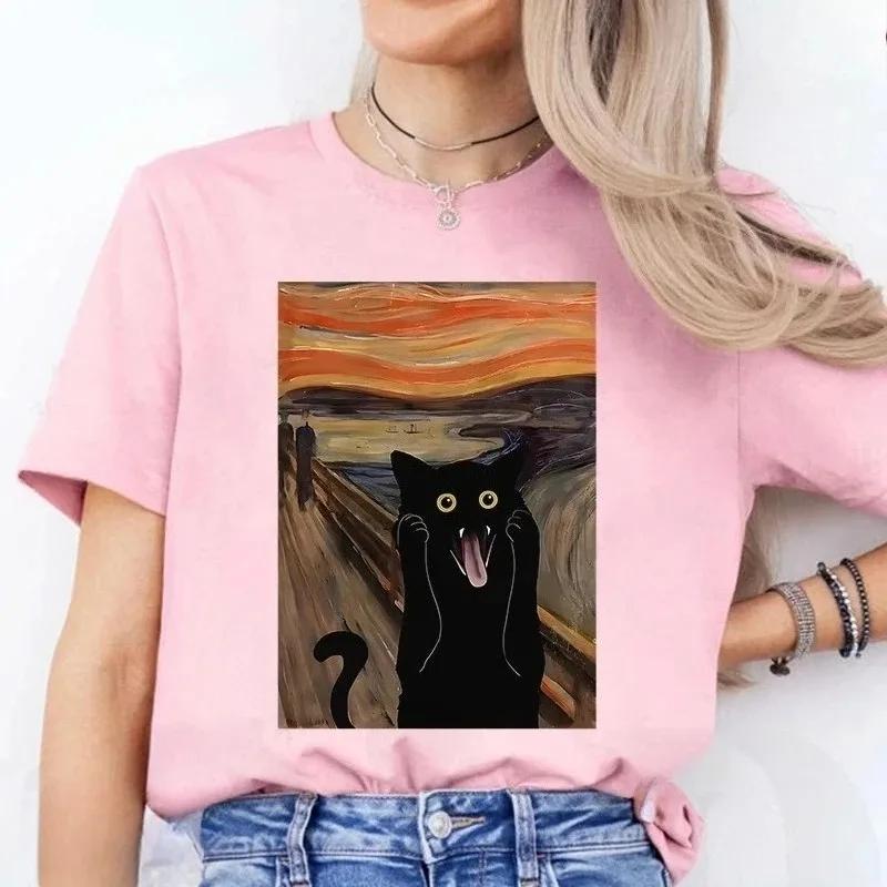 

2026 Summer Edvard Munch The Scream Black Cat Emoticon Pack HighQuality Comfortable Casual Unisexs Roundneck Printed TShirt 4XL