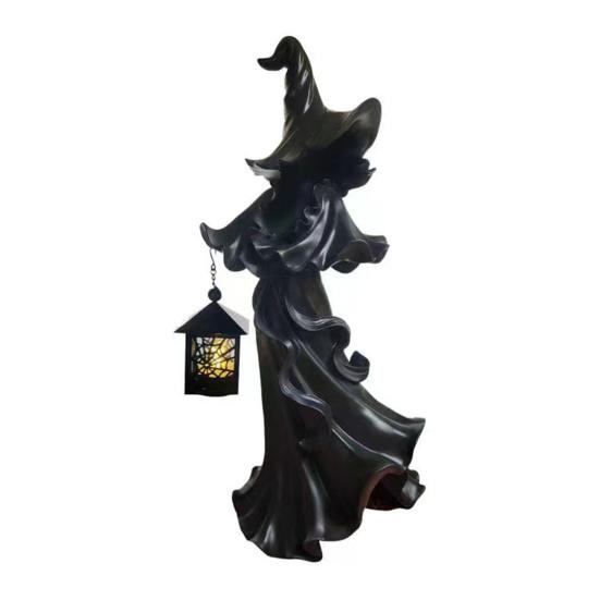 LED Witch Lantern Ornament Halloween Faceless Ghost Sculpture Holding Lantern Vintage Resin Witch Statue for Yard Patio Lawn Decor