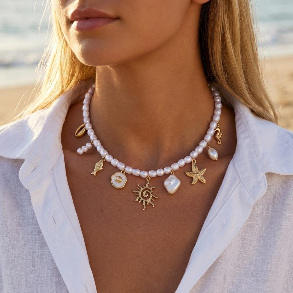 Boho Multilayer Starfish Shell Rice Beads Necklace for Women Irregular Stones Sun Pendant Neck Chain Girl Party Vacation Jewelry