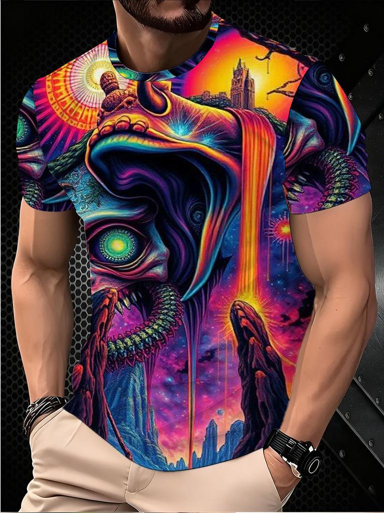 Men's Printed T-Shirt - Psychedelic Waterfall Giant Head Design Ultra-Soft & Breathable, Trendy Summer TeeMen's Stylish Casual Round-Neck Patterned