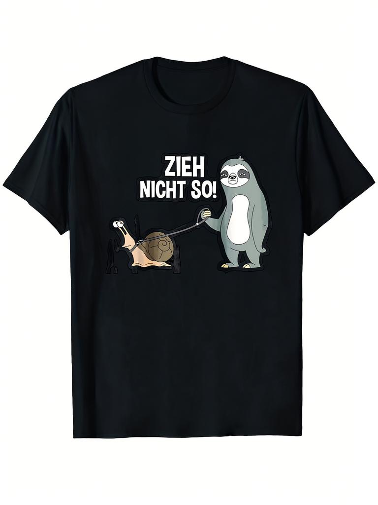 Black TShirt with Sloth And Snail Print And Text Zieh Nicht So for Casual Wear