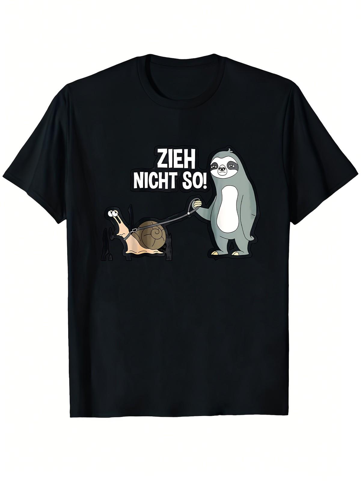 Black TShirt with Sloth And Snail Print And Text Zieh Nicht So for Casual Wear S