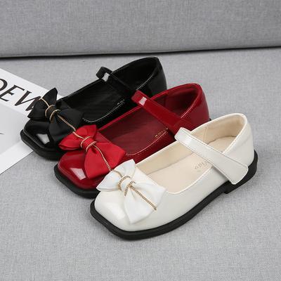 Prinzessin Schuhe Einfarbig Square Toe Bow Niedliche Kinderschuhe mit Klettverschluss Performance Schuhe Tide