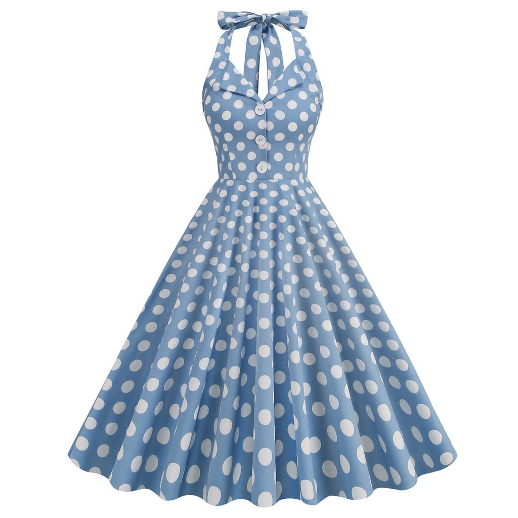 Vintage Dot Print Vneck Sleeveless Midlength Dress For Women