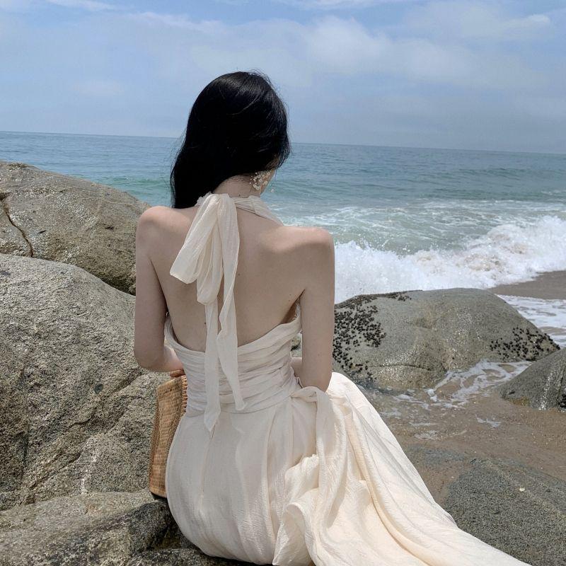 French Goddess Style Backless Halter Dress – Summer Beach Fairy Long Skirt